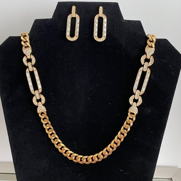 Chunky Gold and Rhinestone Necklace and Pierced Earring Set - Picture 1 of 7